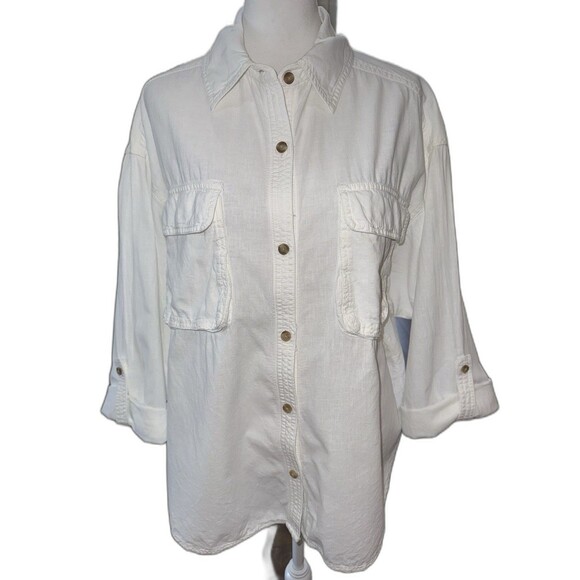 We The Free Free People White Linen Cotton Oversized Button Down Shirt M Boho - Picture 3 of 14